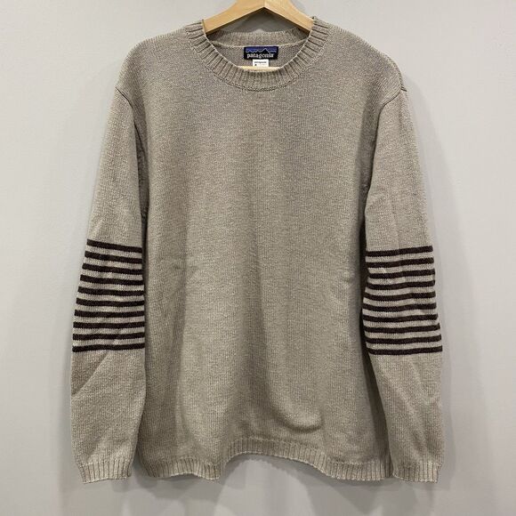 PATAGONIA L Gray Striped LS Crewneck Knit Sweater Lambswool Preppy Ski Outdoors - Picture 10 of 16